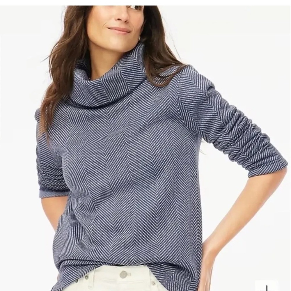 J.Crew Womens Herringbone Funnel Neck Fleece Pullover Sweatshirt Navy H1549 L